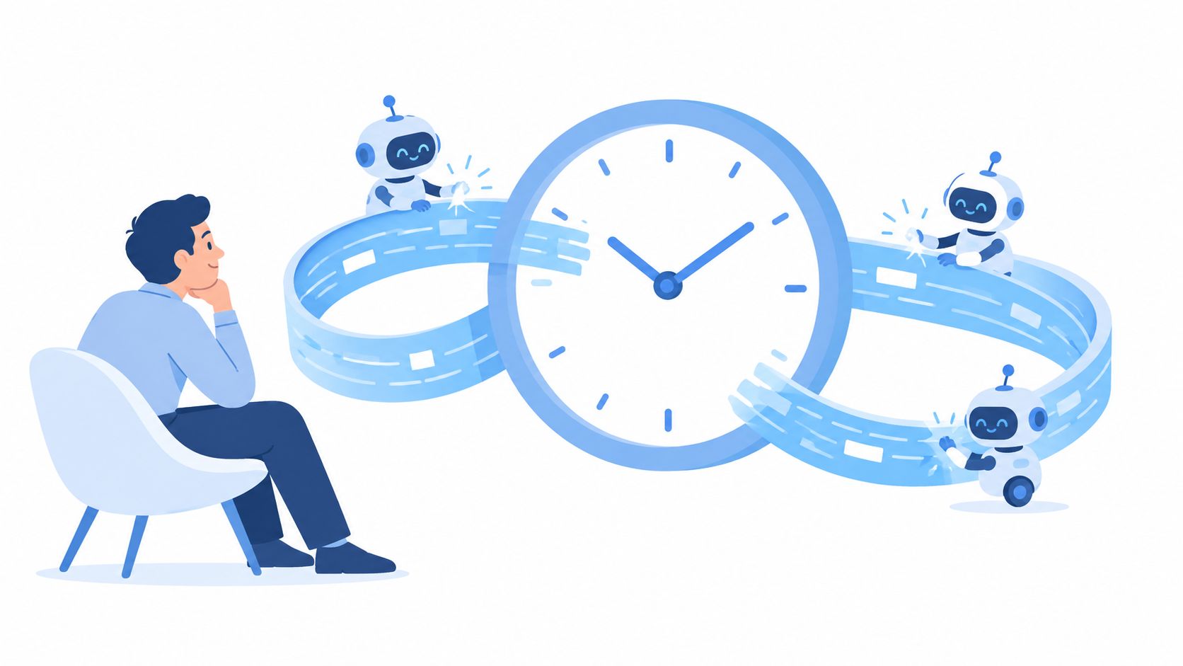 A man sits and watches small robots work on constructing a digital circular timeline around a clock.