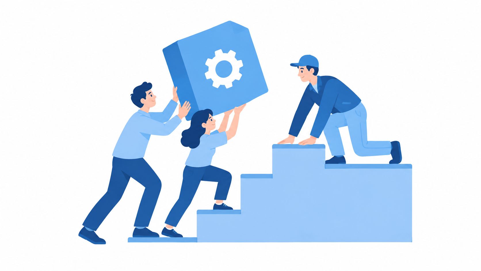 A team of three people working together to place a large gear icon block on stairs.