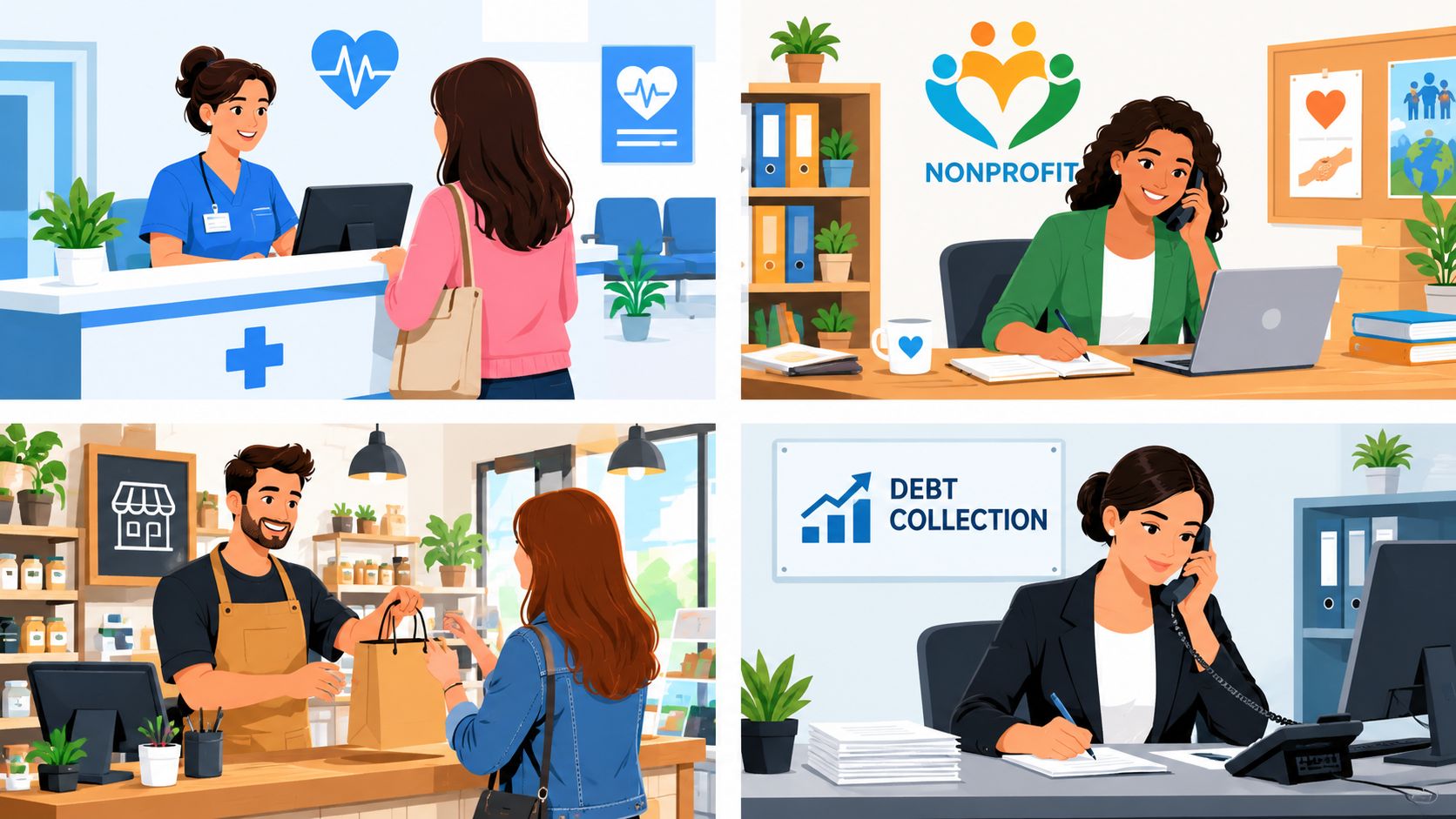 A four-part collage showing professionals in healthcare, nonprofit, retail, and debt collection roles interacting with clients.