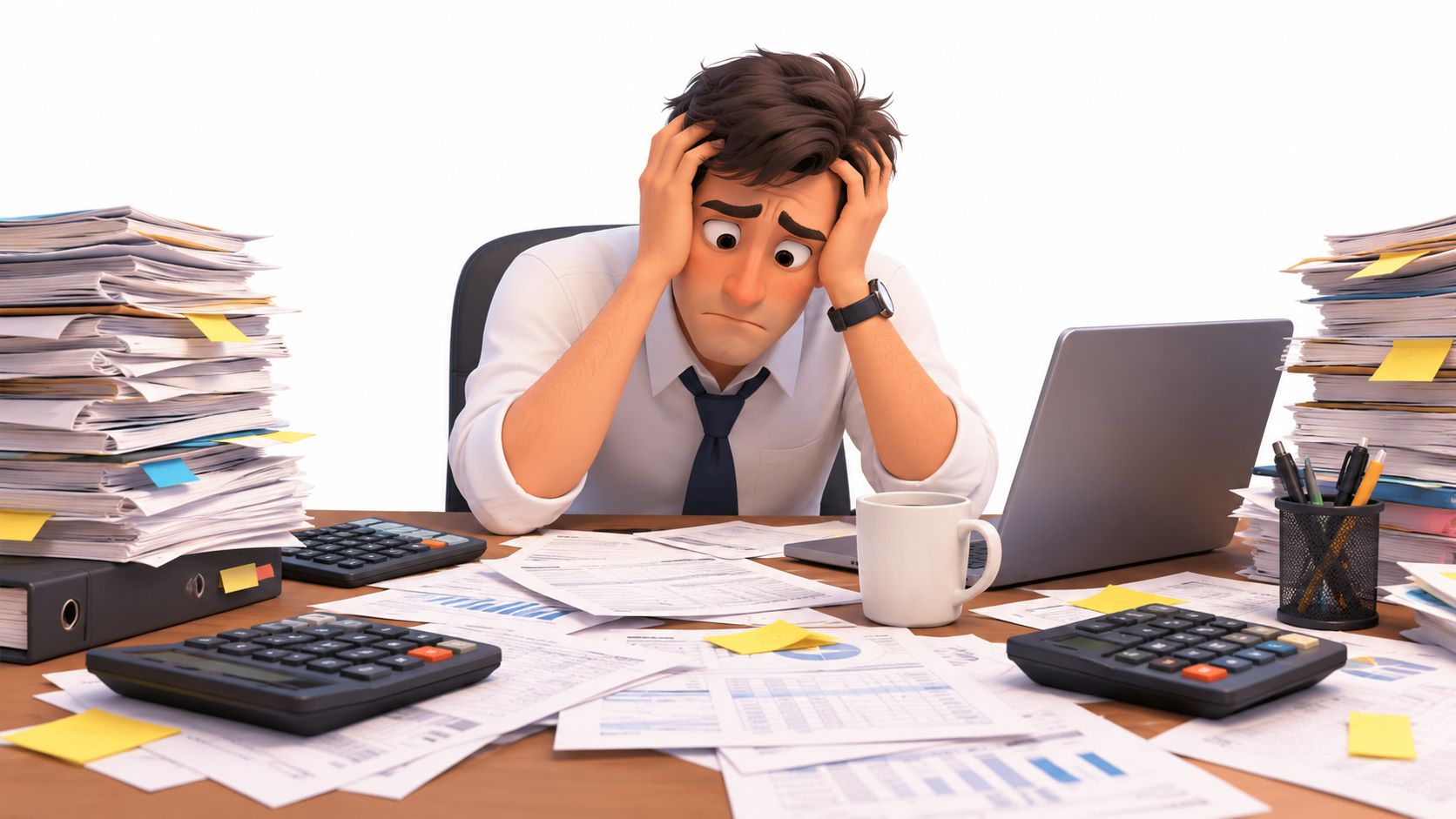 A stressed cartoon office worker holding his head with large stacks of paperwork on both sides.