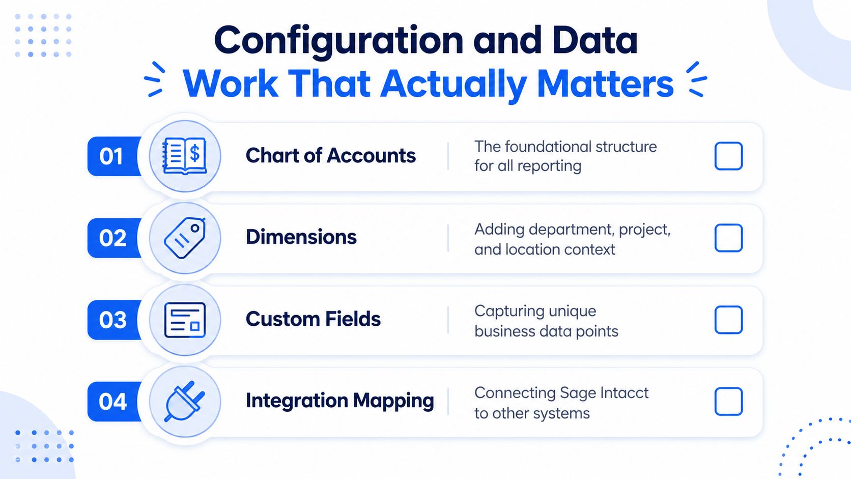 A list graphic titled Configuration and Data Work That Actually Matters highlighting four essential Sage Intacct setup tasks.