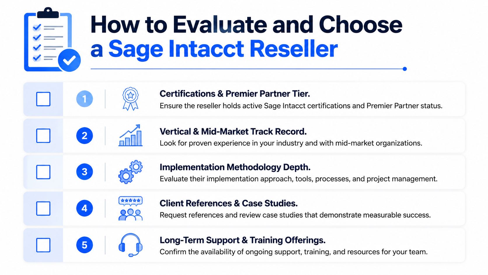 A checklist graphic titled How to Evaluate and Choose a Sage Intacct Reseller, listing five essential criteria.