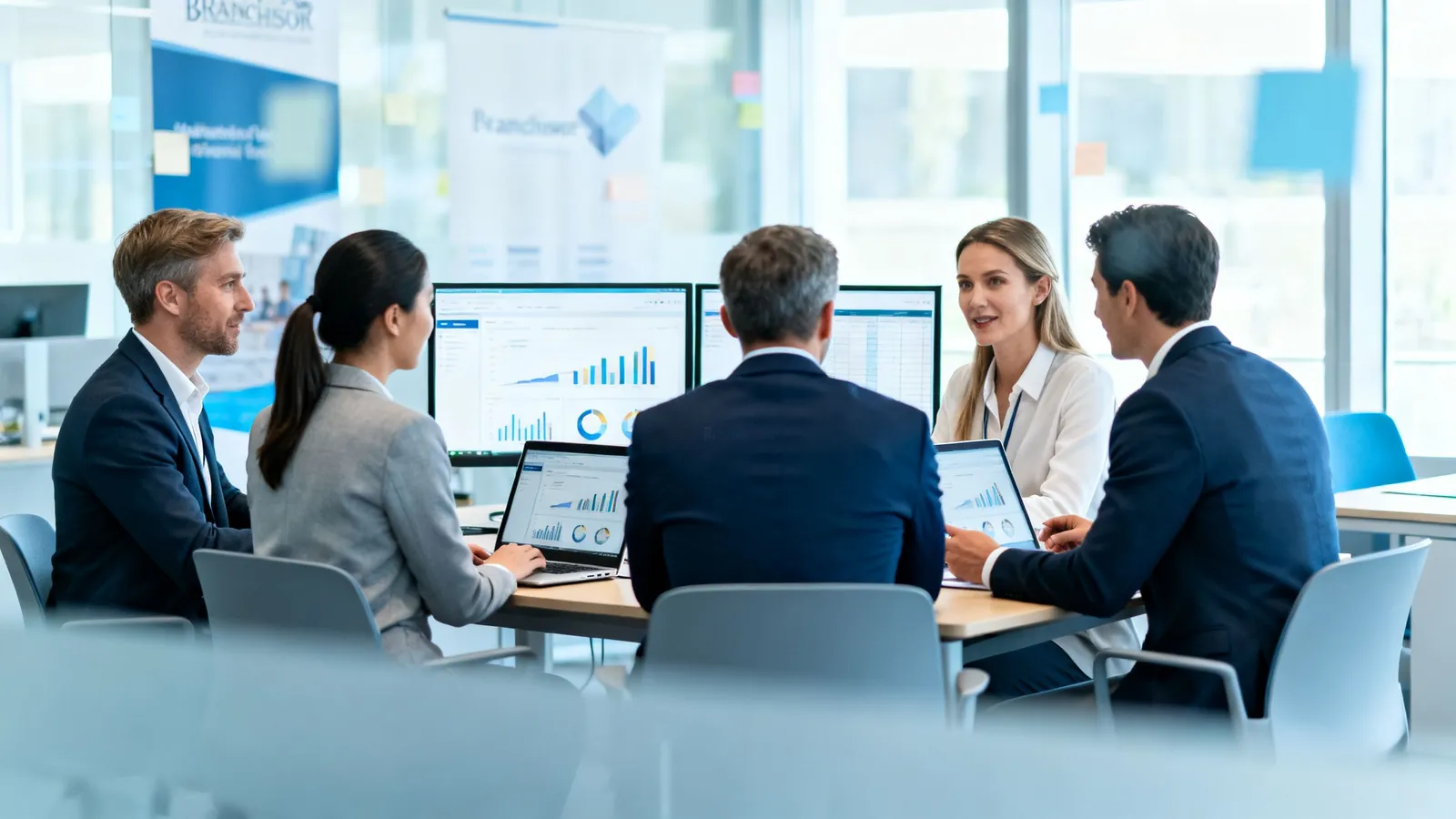 A franchisor's finance team reviewing results across locations
