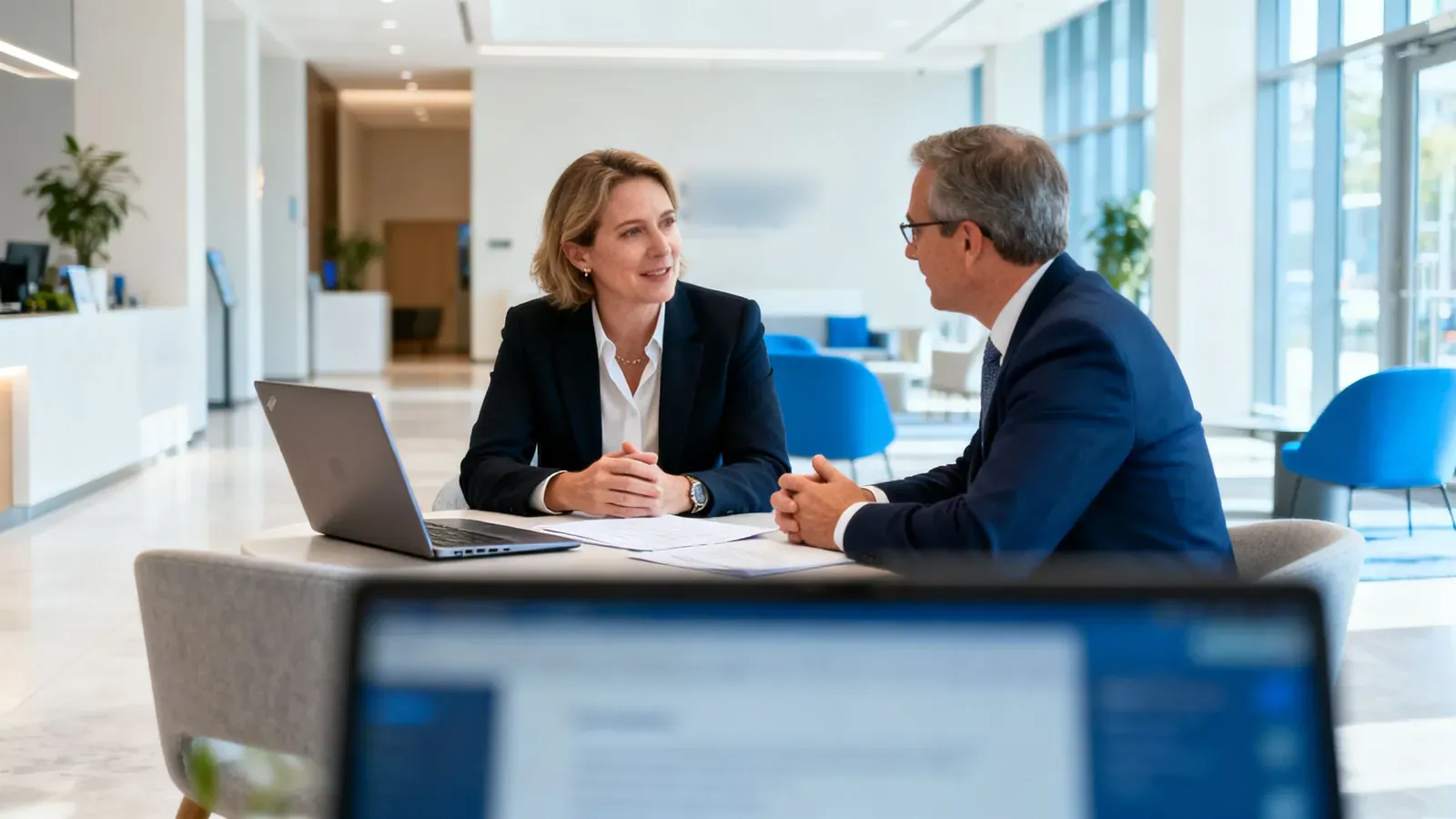 A franchisor's development director and CFO talking in a head office