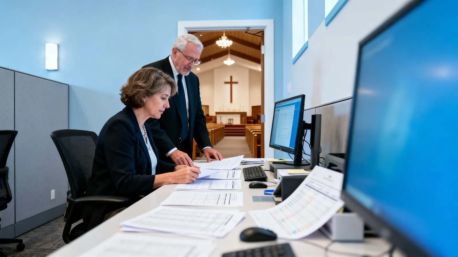 A church administrator and a pastor reviewing finances
