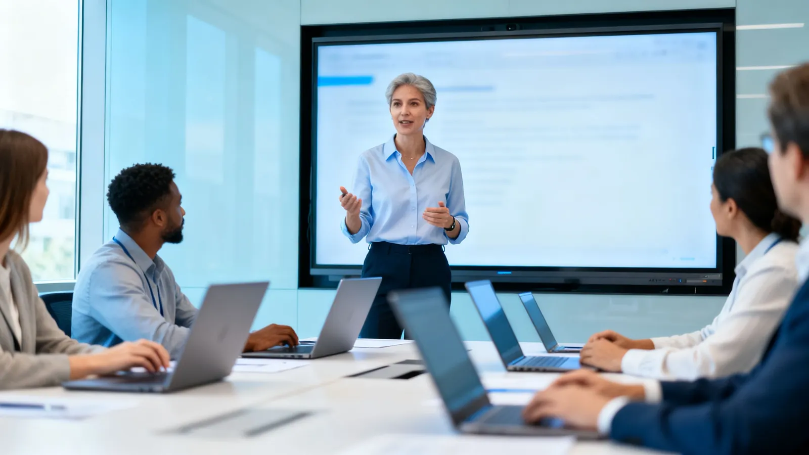 A consultant running a finance team workshop at a large screen