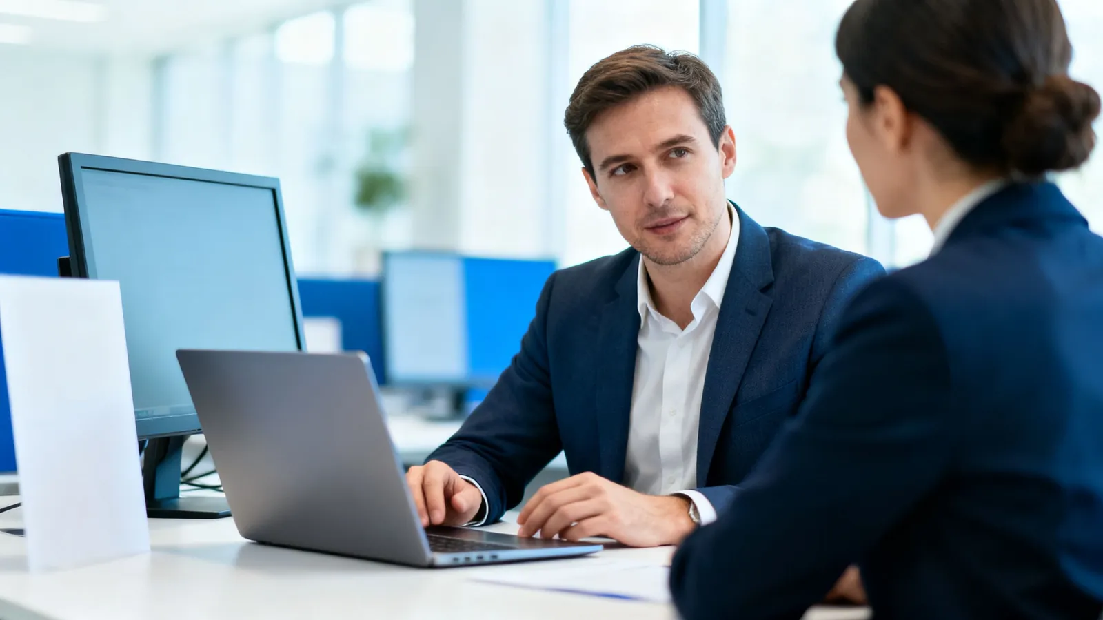 A consultant training a finance team member at a laptop