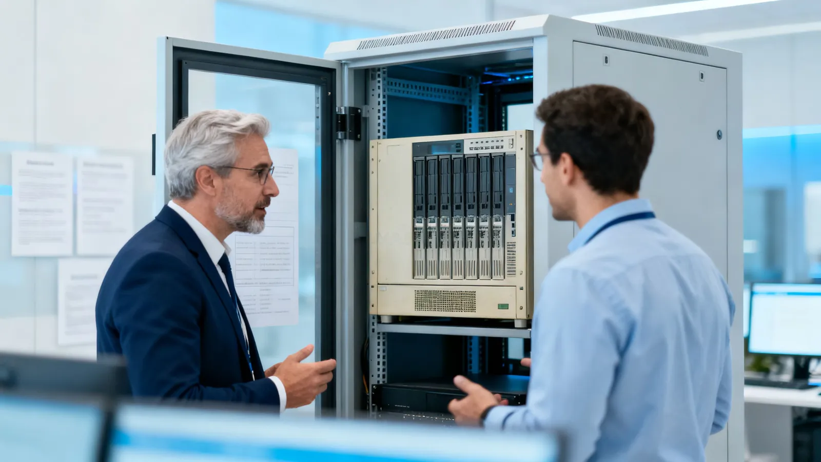 An IT manager and a controller discussing an aging on-premises server