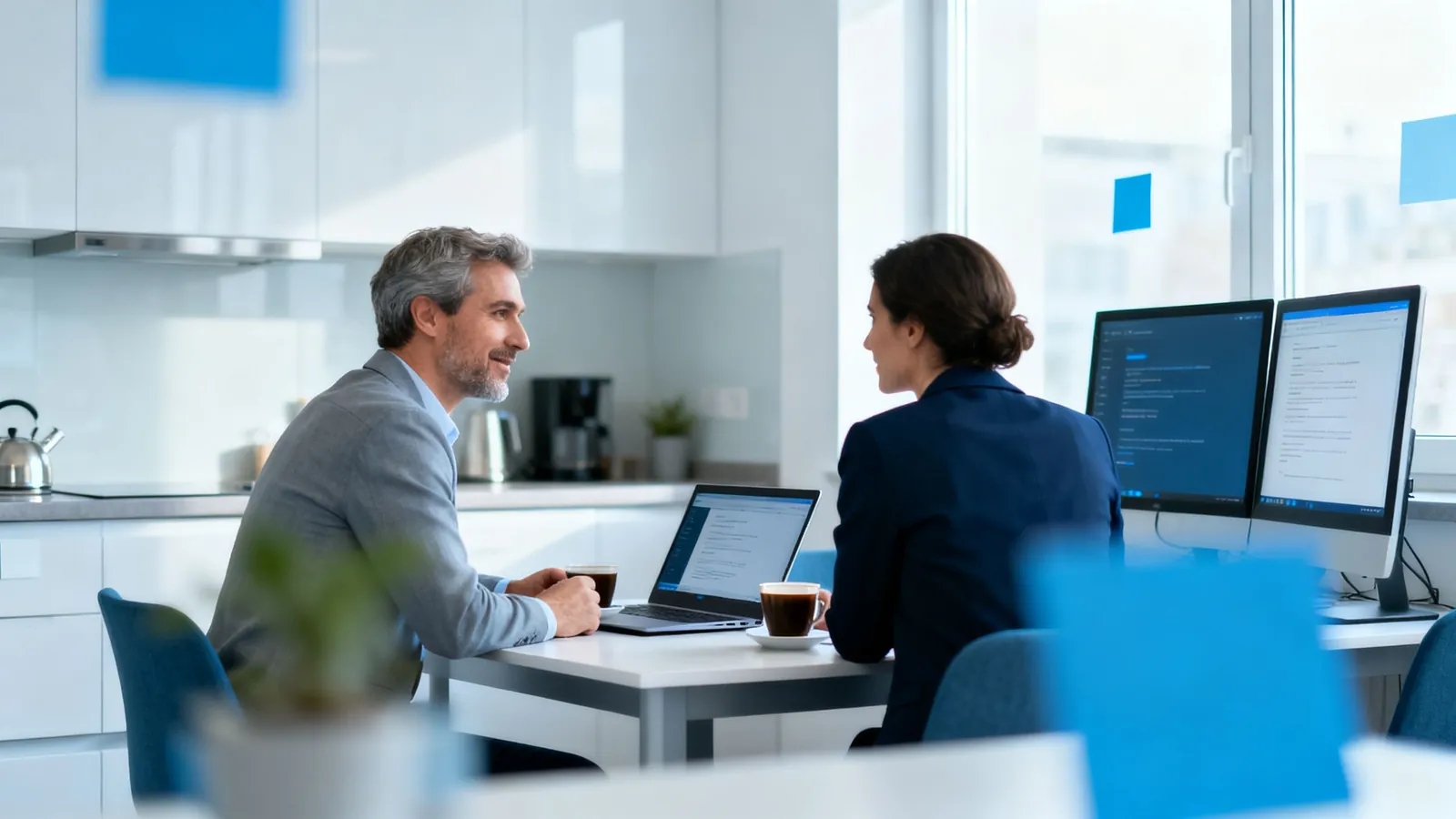 A consultant and a controller planning over coffee
