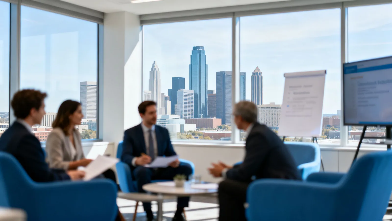 A meeting in an office overlooking the Dallas skyline