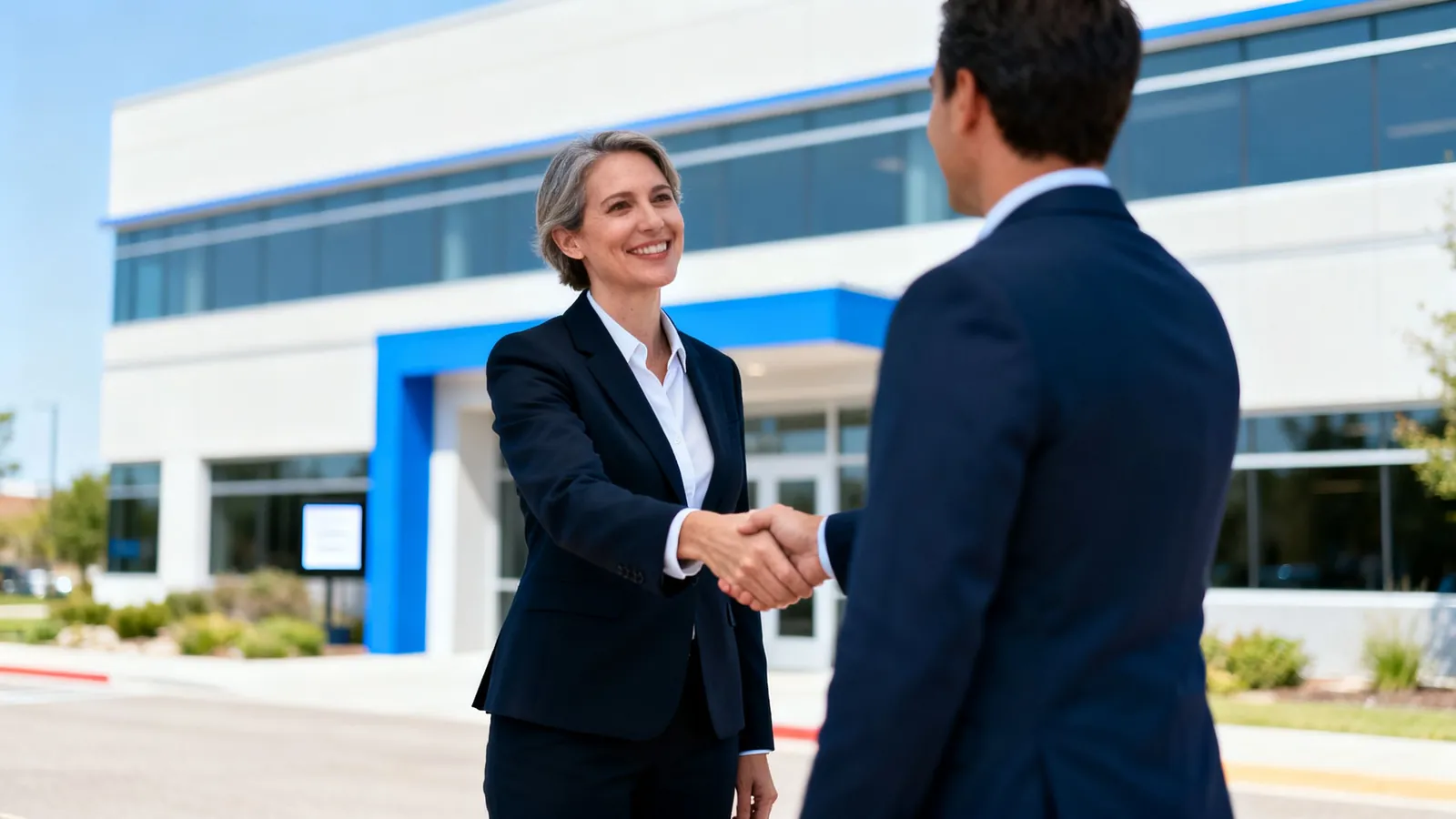 A consultant greeting a client outside a North Texas office
