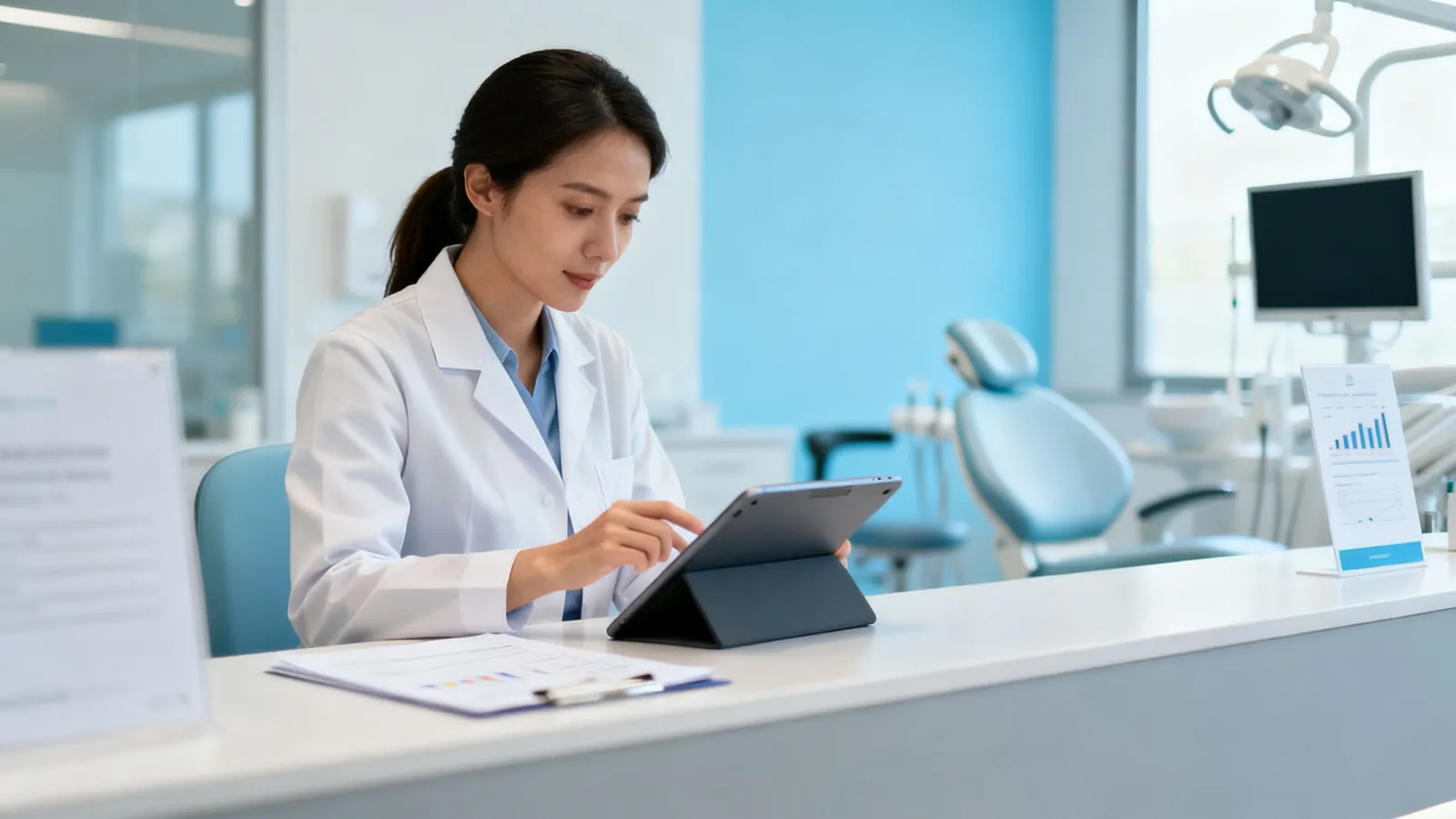 A practice manager reviewing figures at a dental clinic front desk