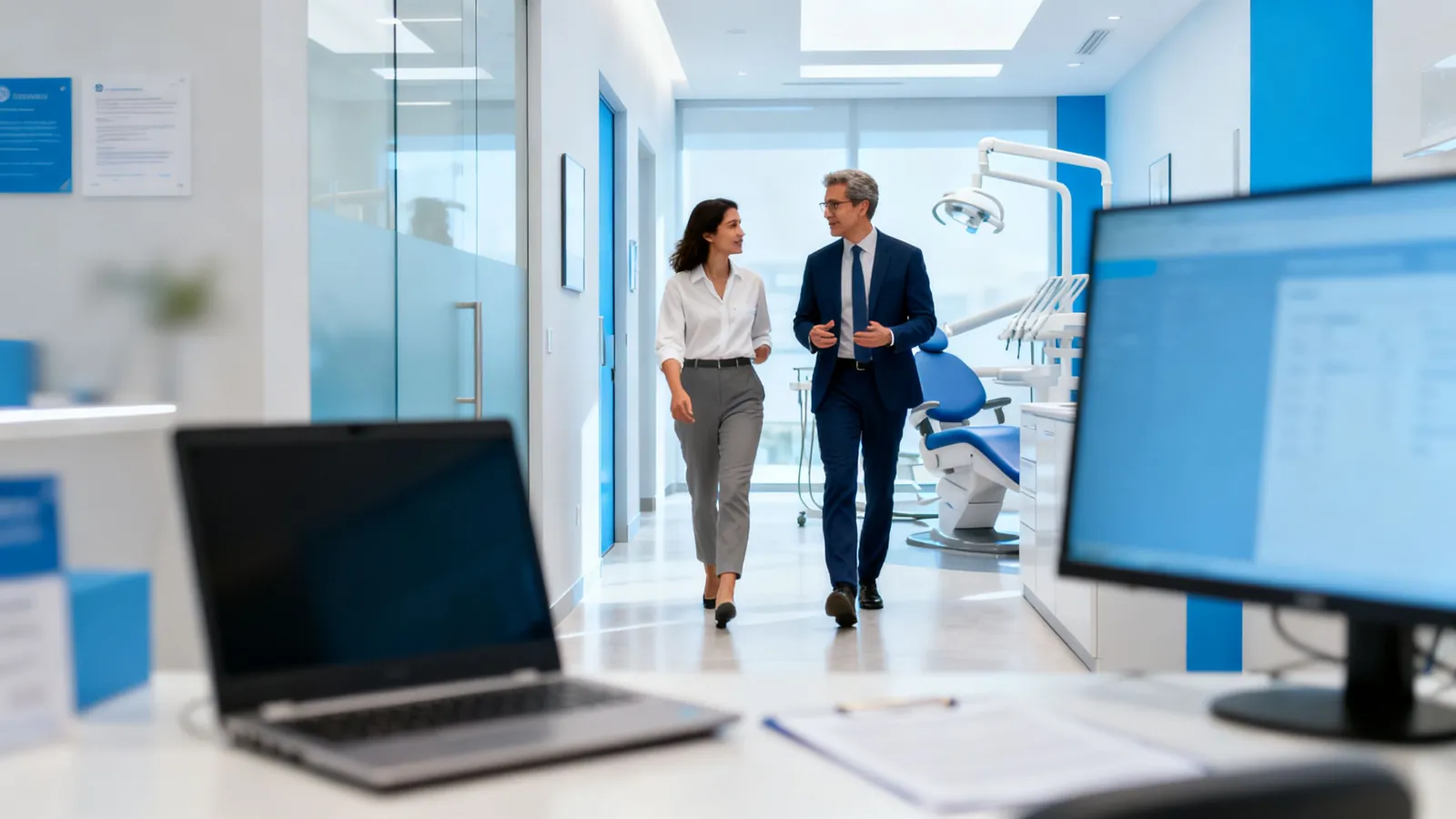 A dental group's finance director and operations manager walking through a clinic