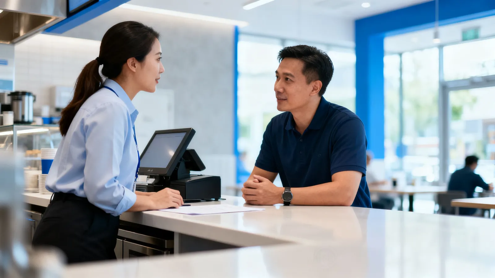A franchise operations manager talking with a location owner