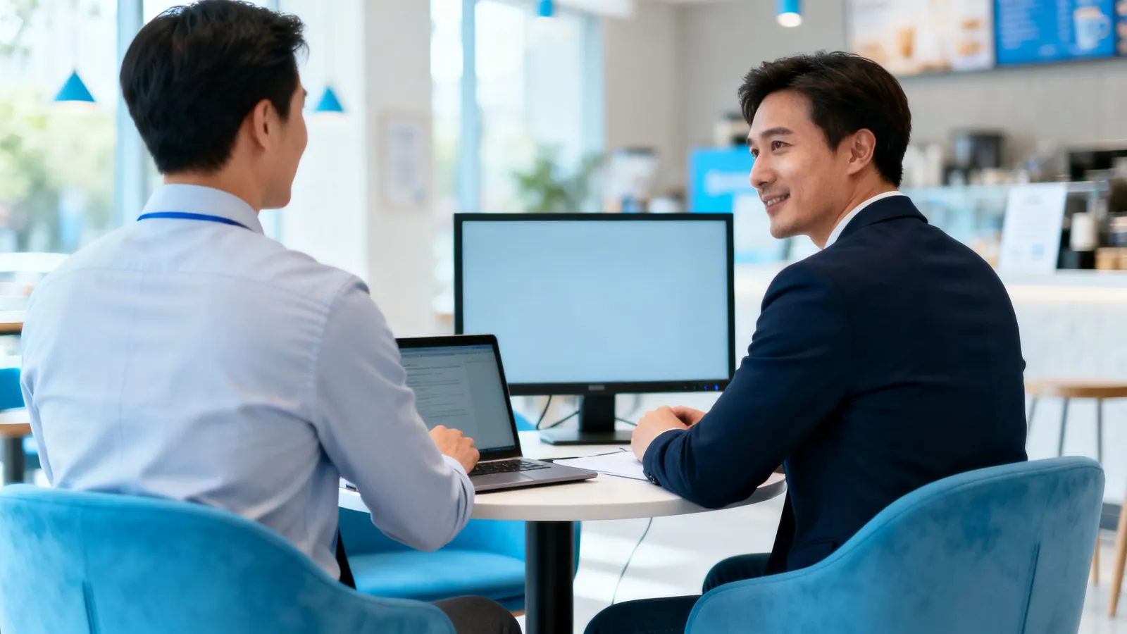 A franchise finance manager meeting a location owner at a cafe table