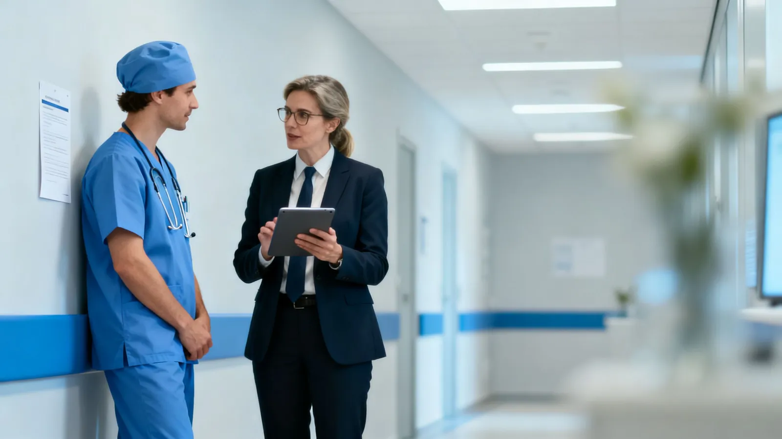A clinician and a finance manager talking in a hospital corridor
