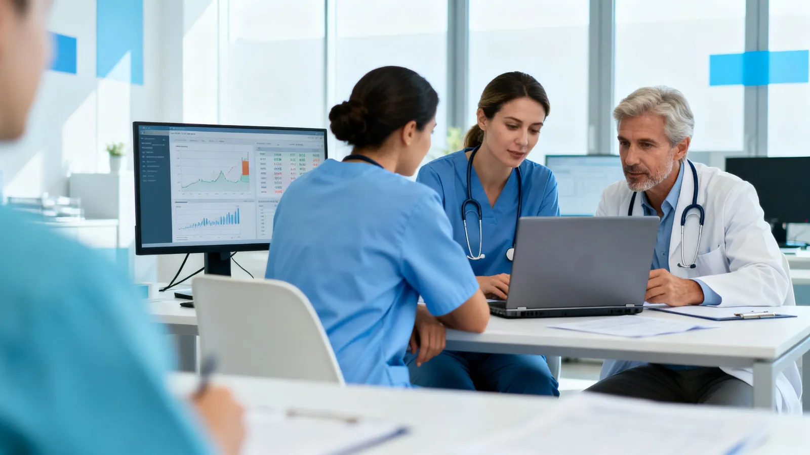 A healthcare finance team reviewing figures together