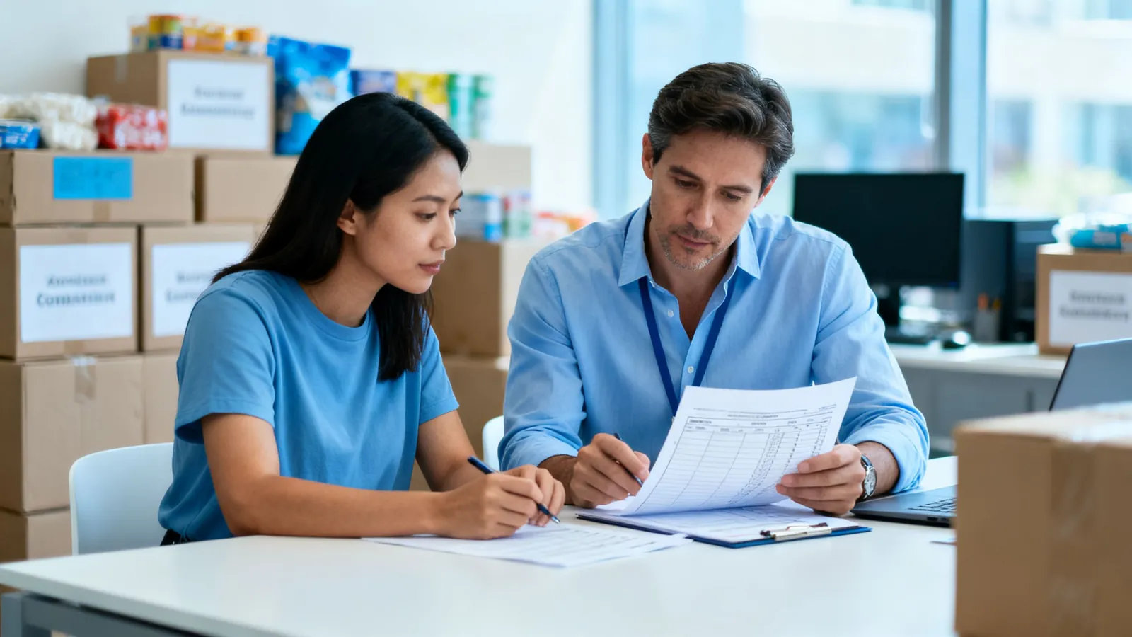 Program and finance staff reviewing budgets together at a nonprofit office
