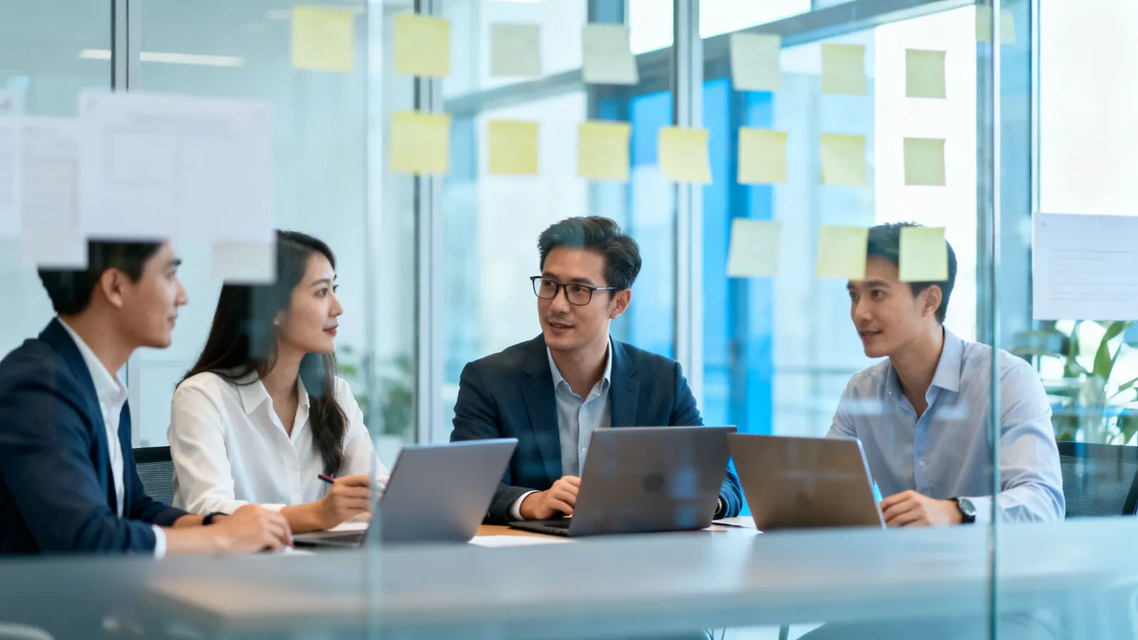 A project team planning work in a glass-walled meeting room
