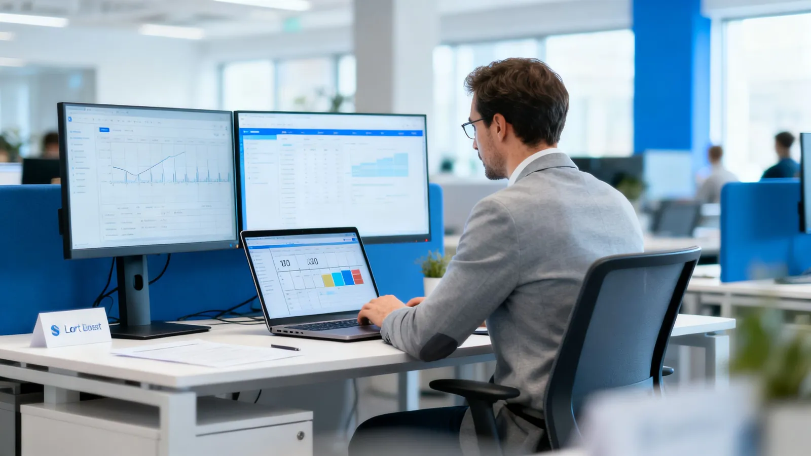 A consultant tracking project time at a hot desk