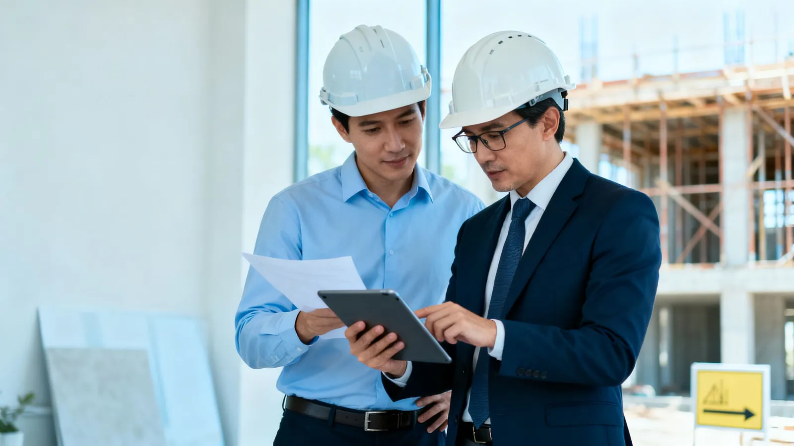 A project manager and an accountant reviewing job costs on site