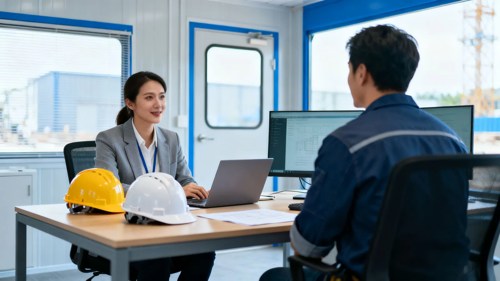 A contractor's accountant and superintendent talking in a site office