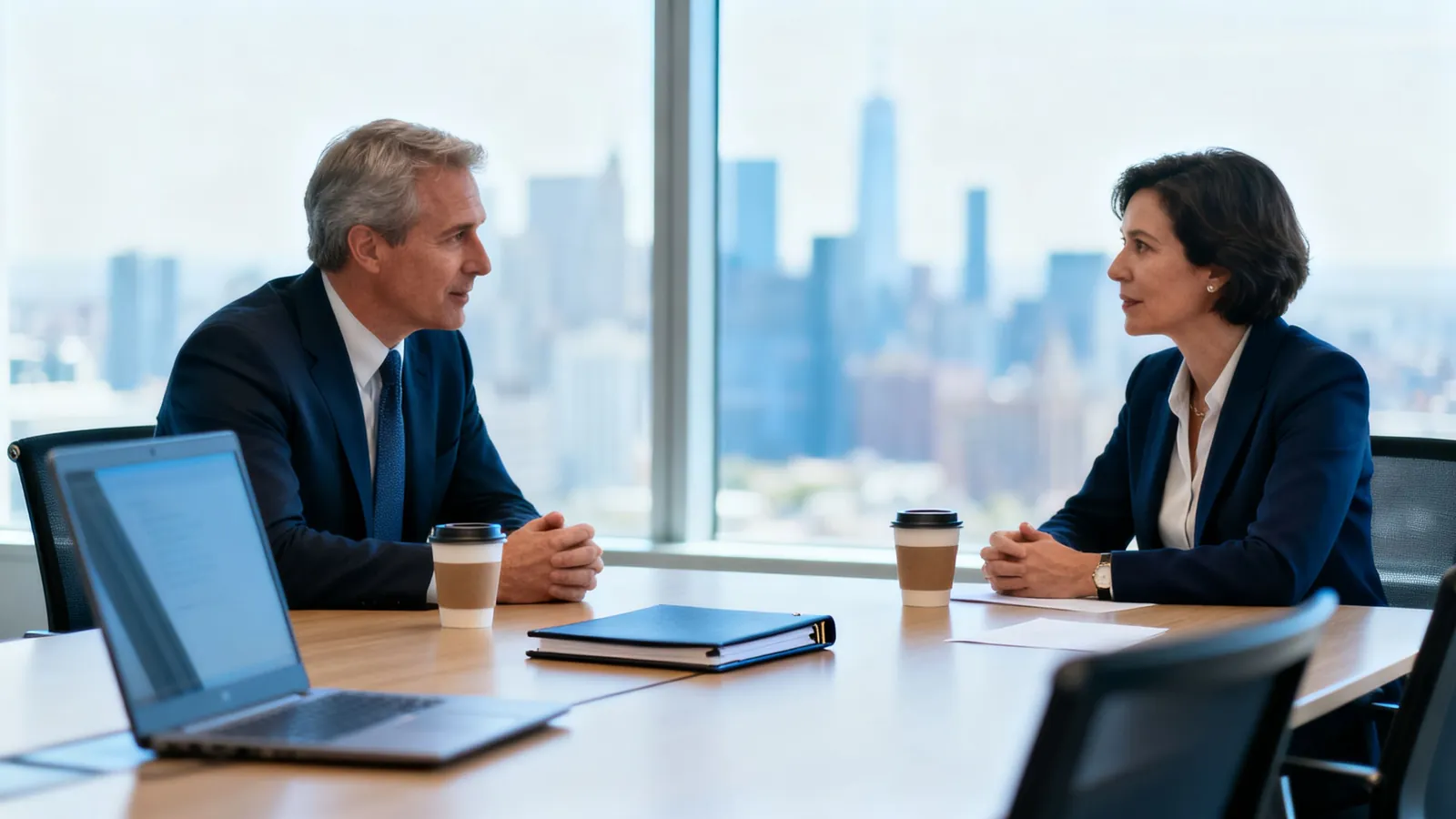 An operating partner and a portfolio company CFO meeting in a boardroom
