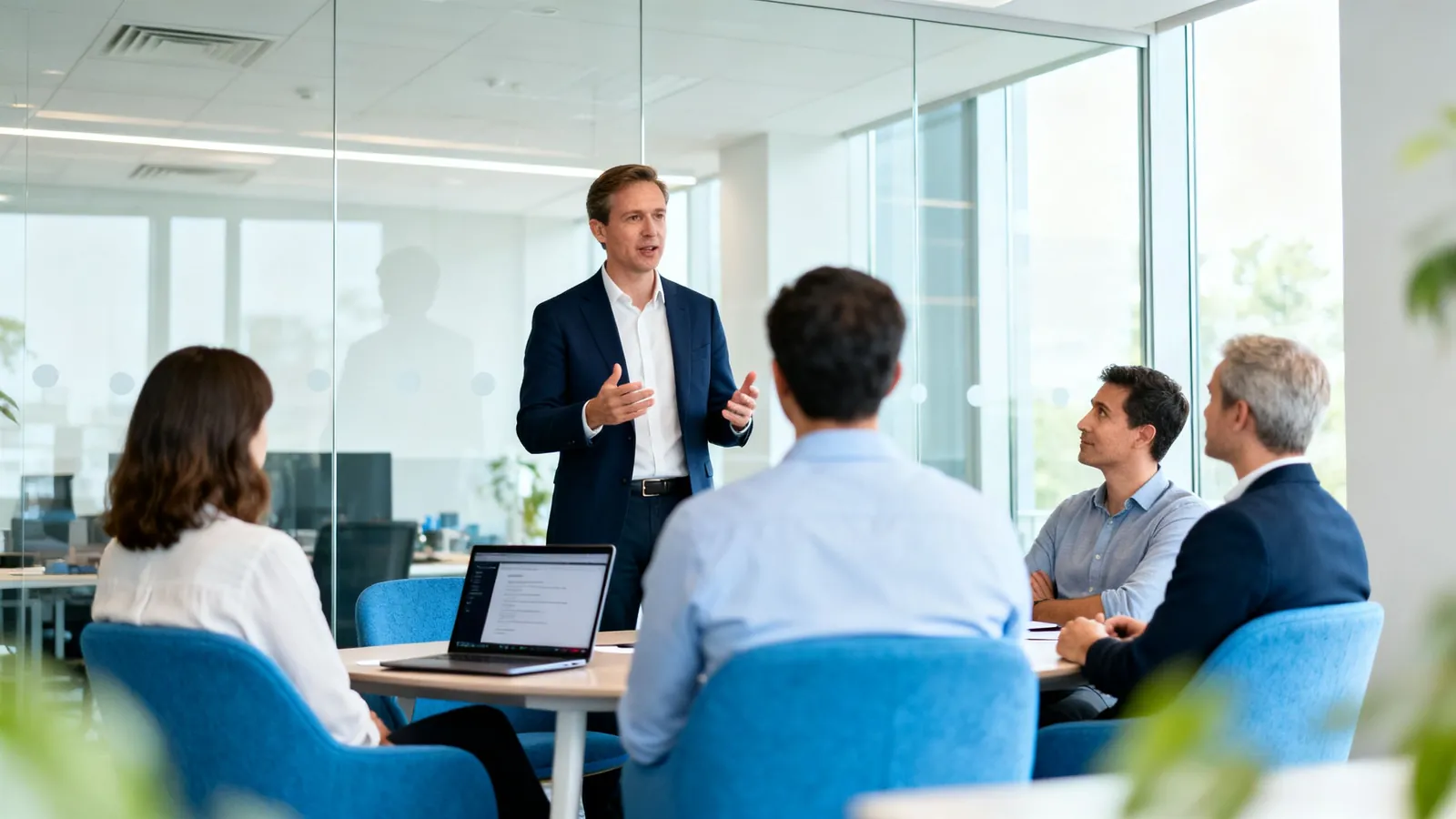 A software company's leadership team listening to the finance lead