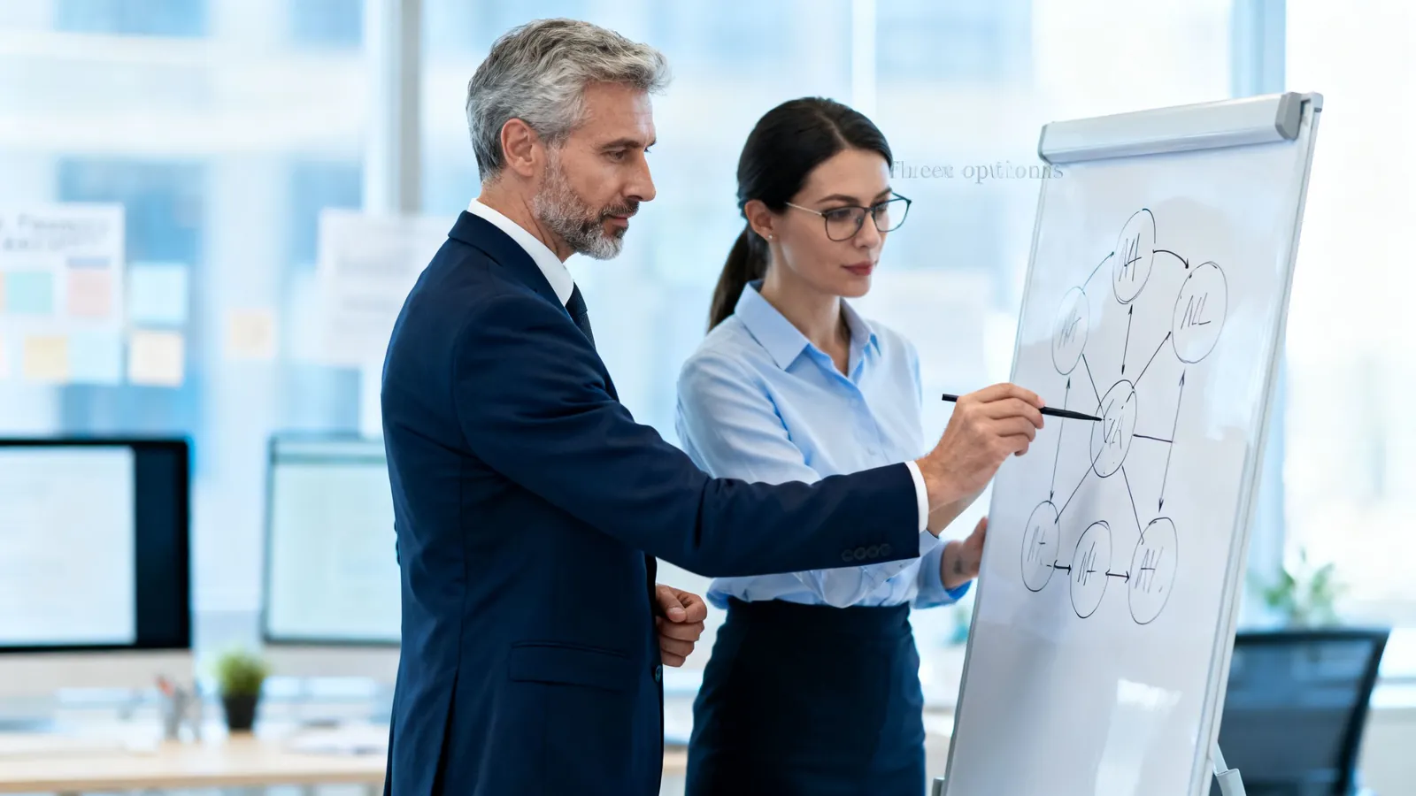 A finance leader and a consultant weighing options at a whiteboard
