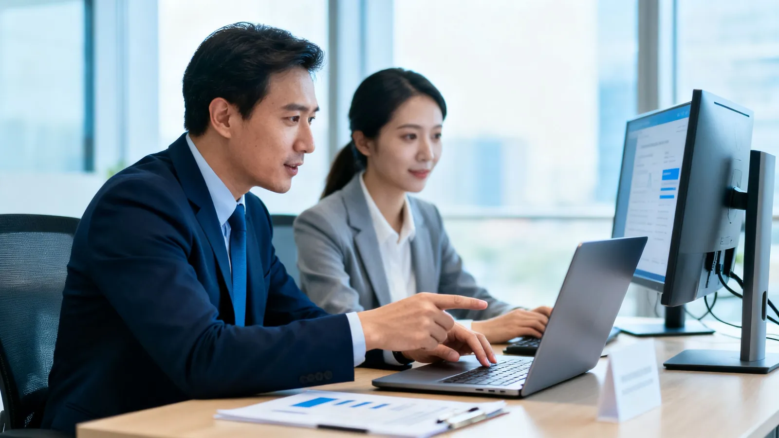 A consultant helping a finance staff member at his desk