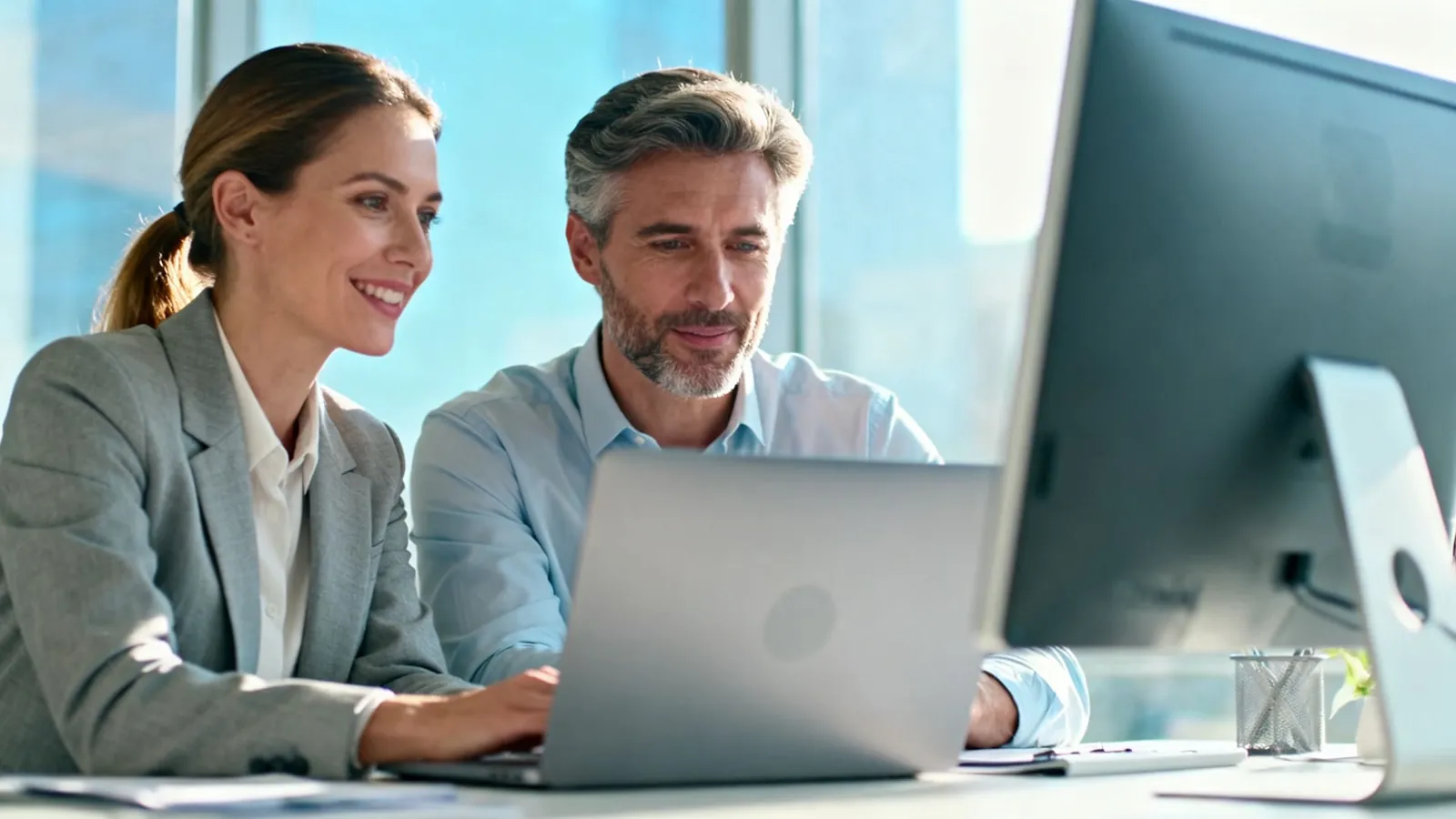 A consultant and a project lead reviewing progress together