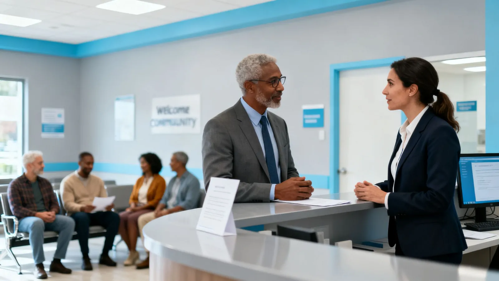 A clinic director and a finance manager talking in a community health center