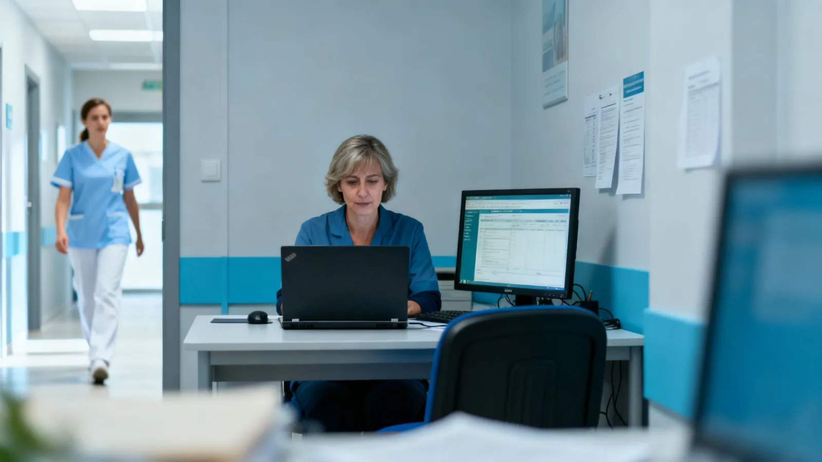 A health center finance manager working in a back office