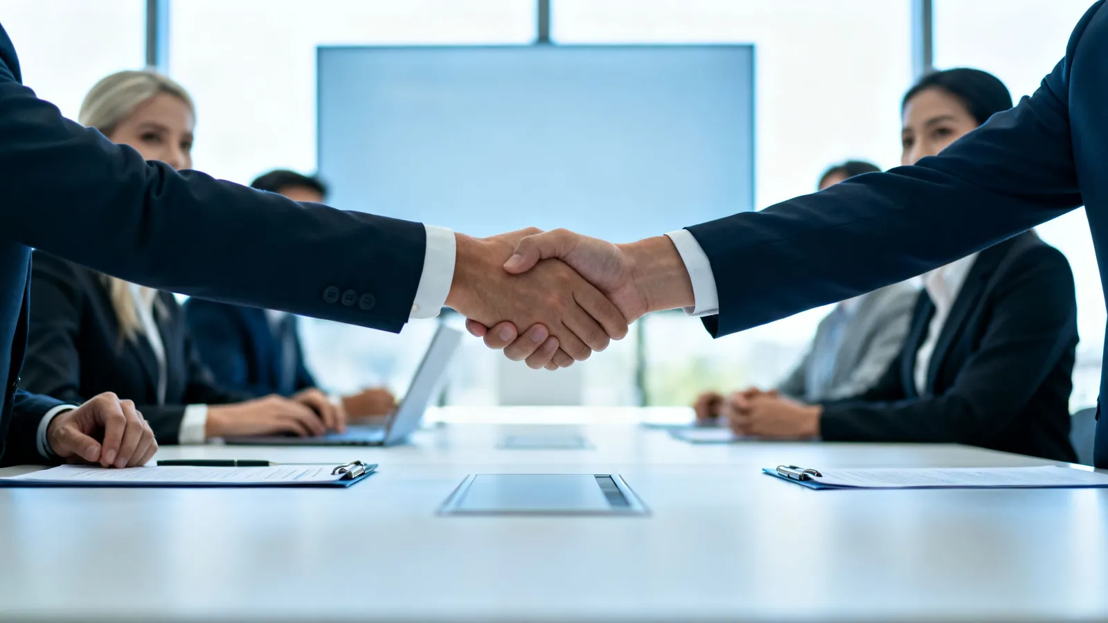 Two finance teams meeting after an acquisition