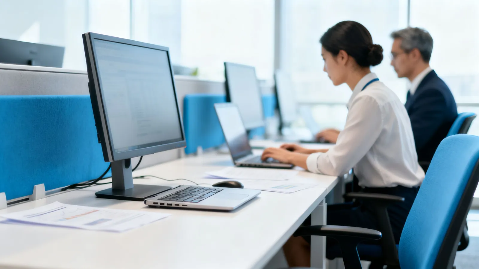 Finance staff from two merged companies working side by side