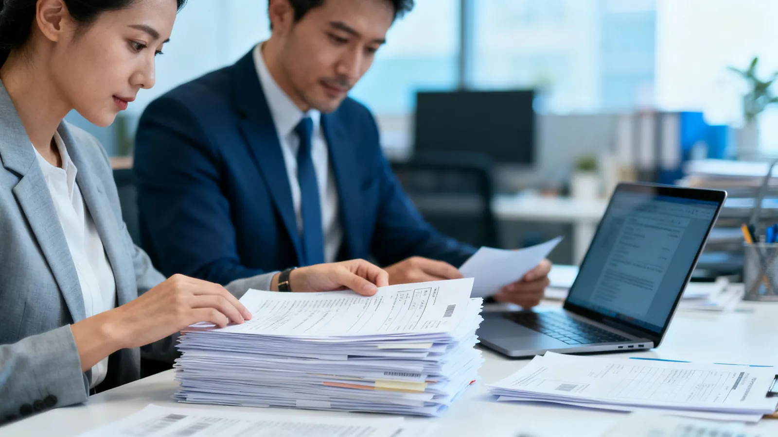 A business owner and a bookkeeper working through invoices at a desk