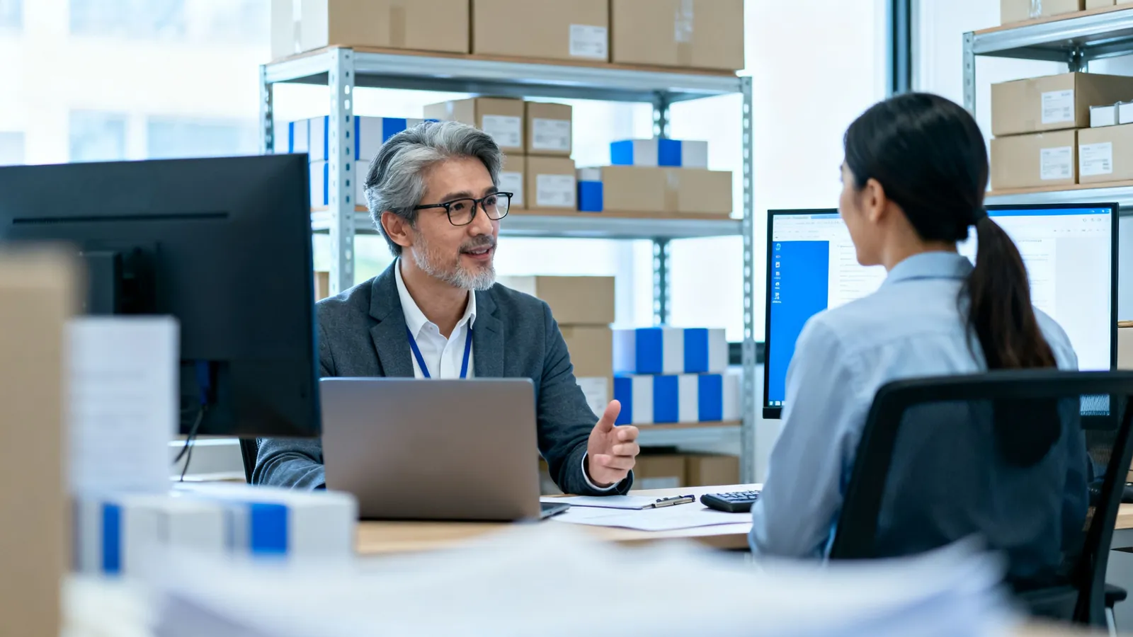A growing company's owner and finance manager talking in a busy office