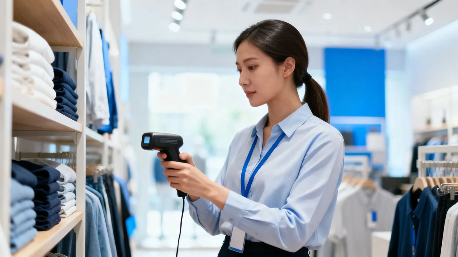 A store manager checking shelf stock with a handheld scanner
