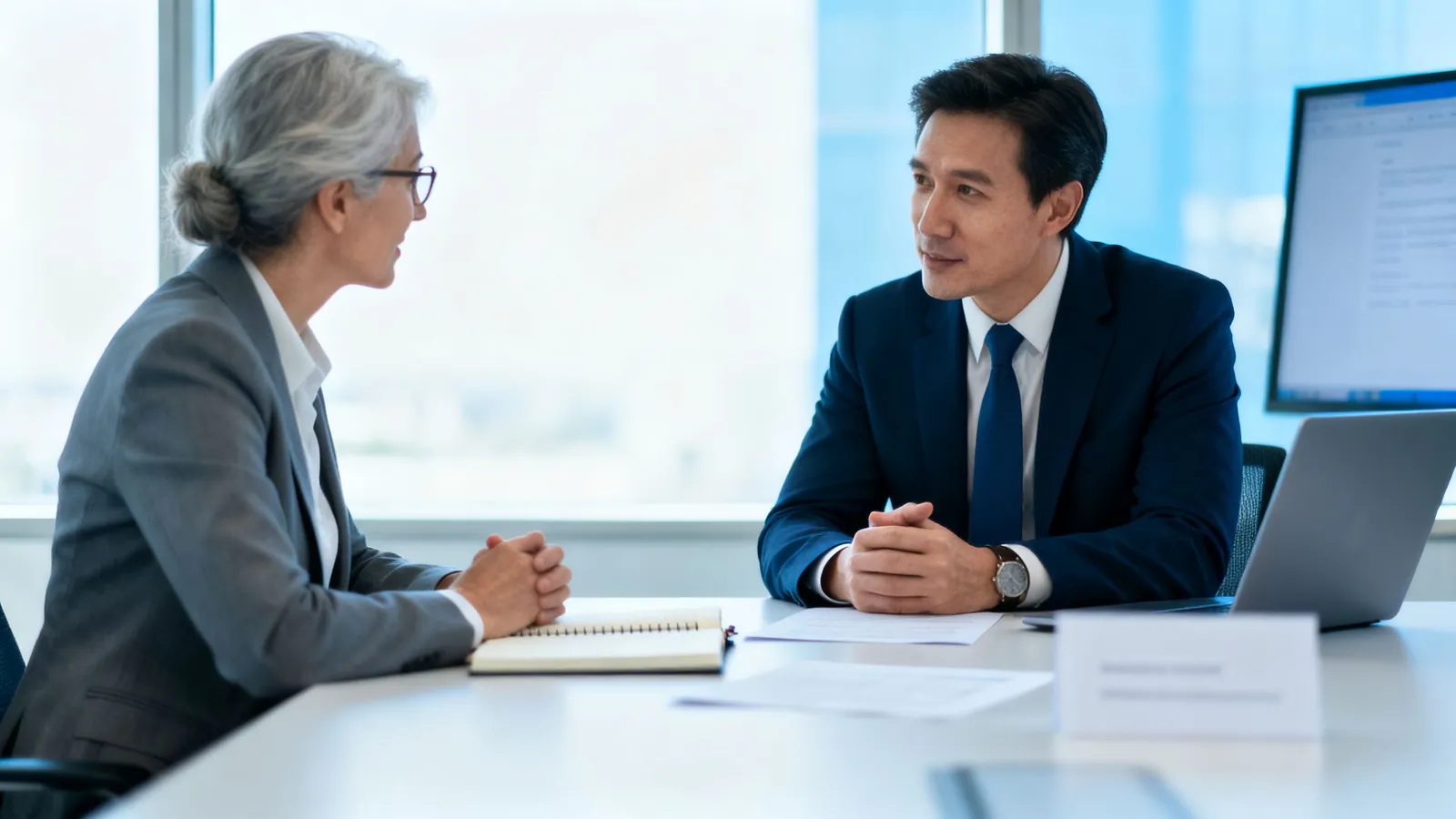A finance lead and a consultant working through a plan at a meeting table