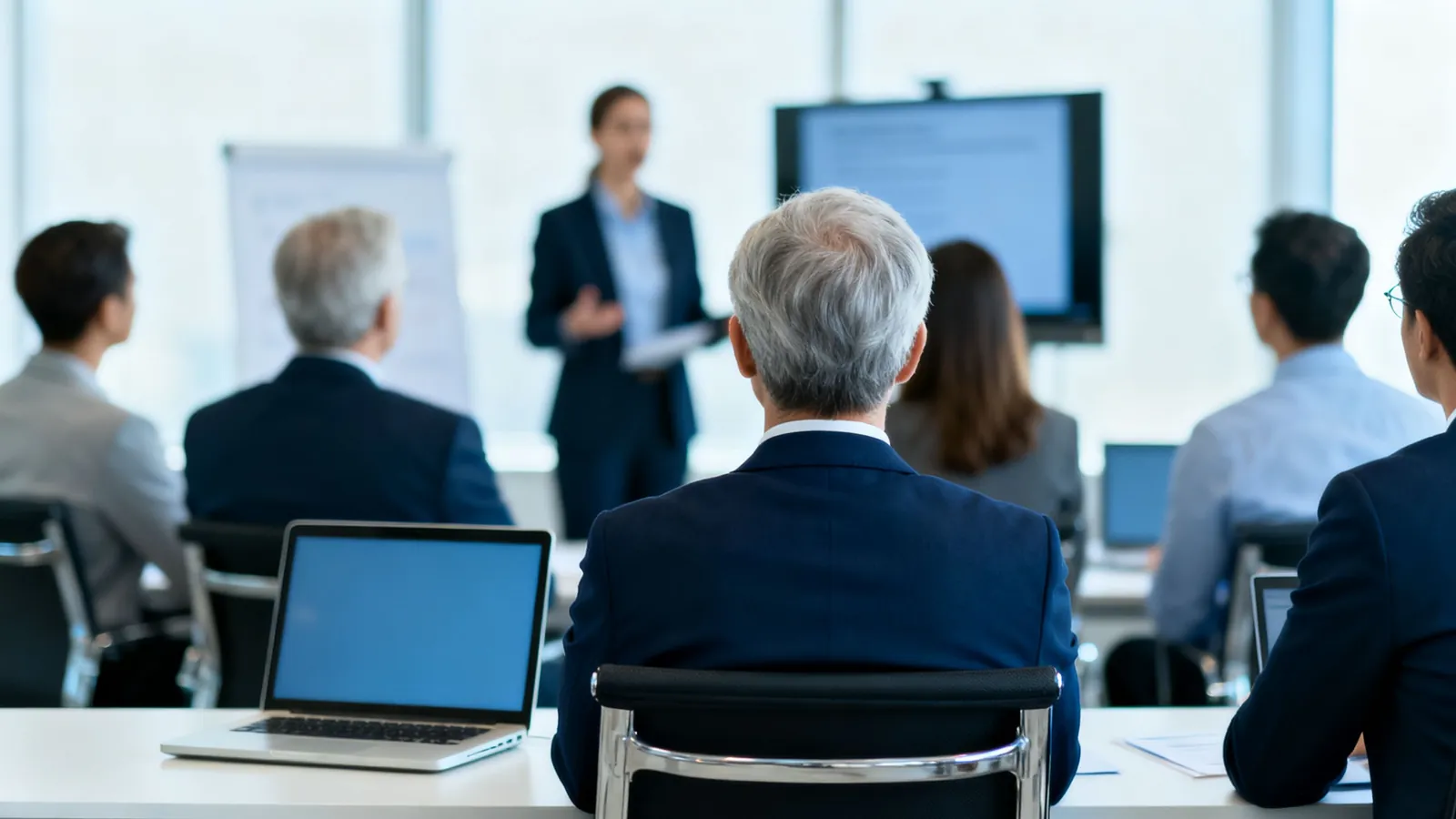 A consultant presenting to a finance team