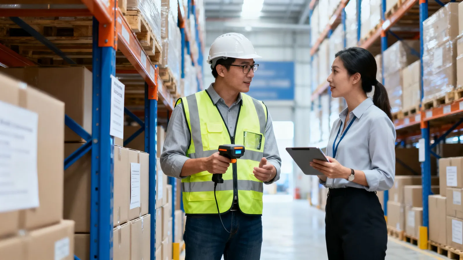 A warehouse manager and a finance manager checking stock between pallet racks