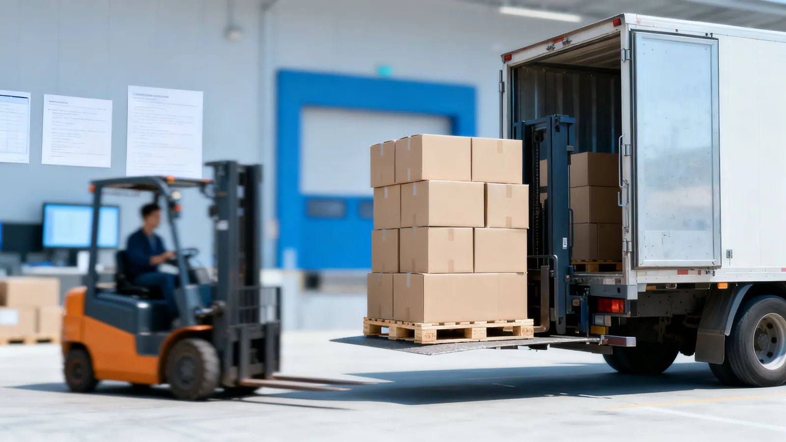 Pallets being loaded at a distribution center dock
