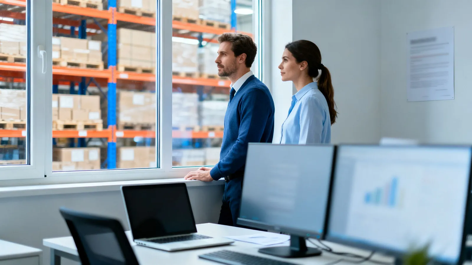 A purchasing manager and a finance manager talking beside a warehouse window
