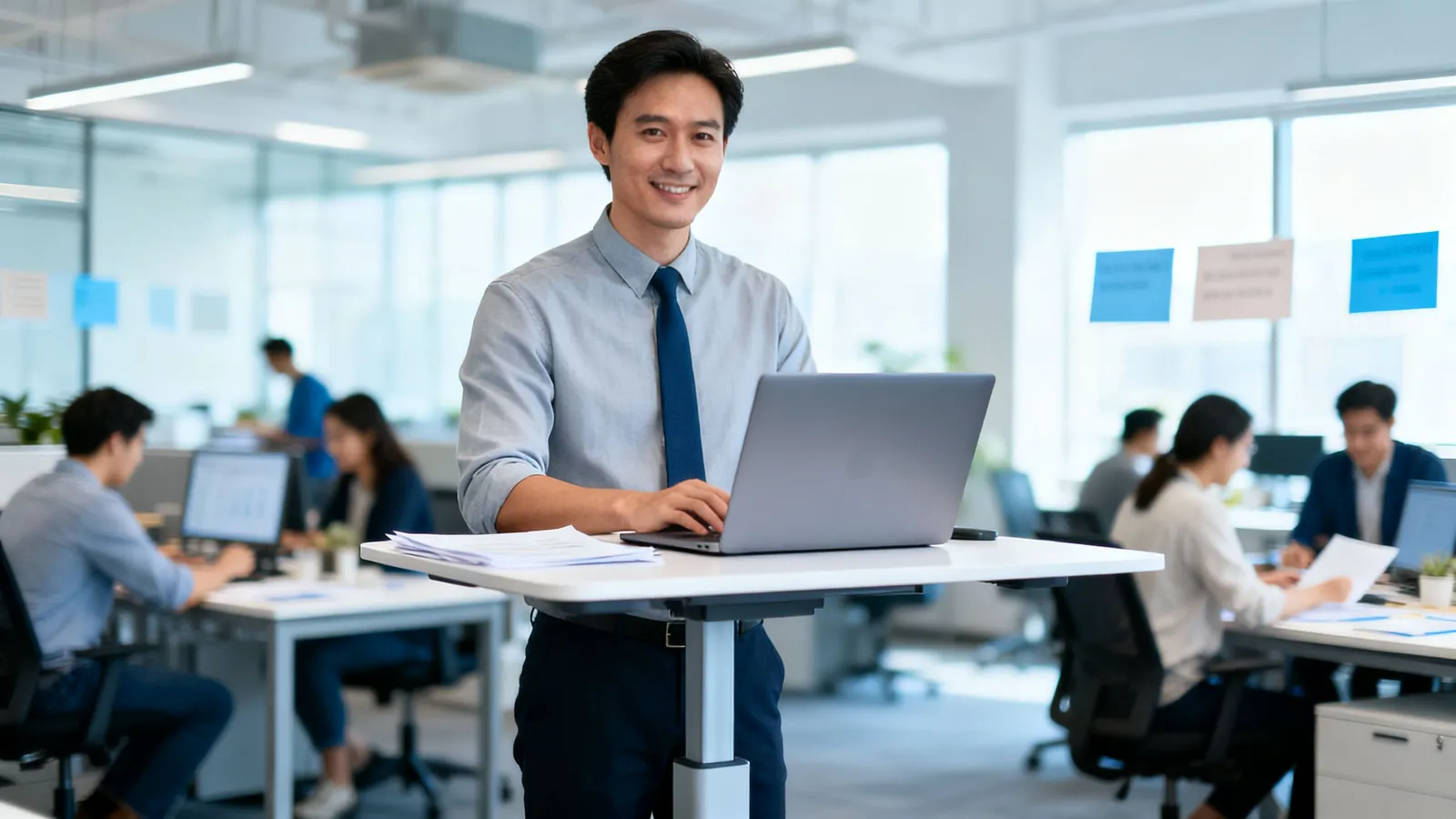A finance manager at a standing desk in a growing company's office