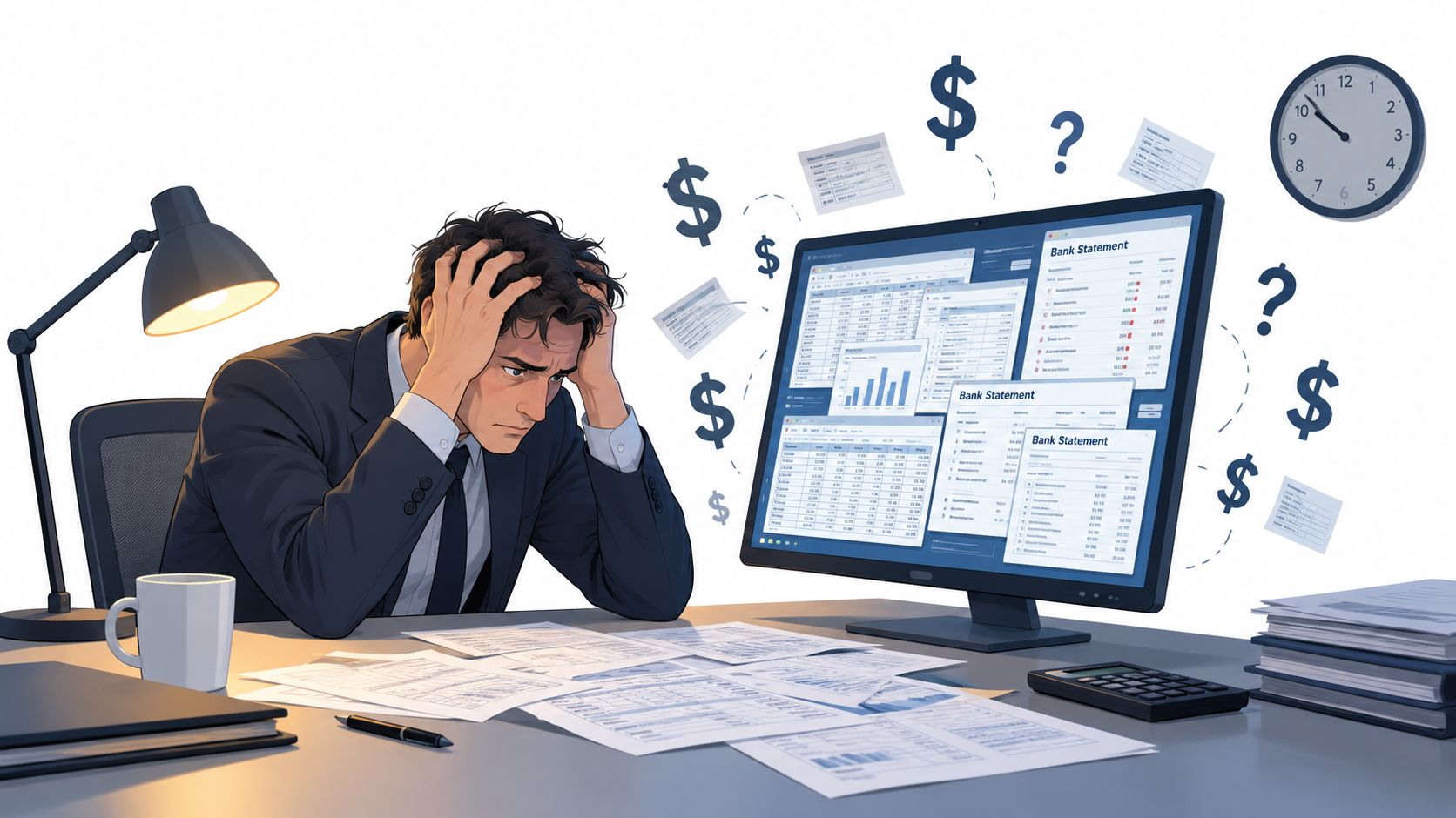 A stressed businessman sitting at a desk with financial documents and a computer monitor showing bank statements.